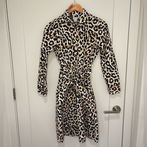 J. Crew Leopard tie-waist shirt-dress in cotton poplin long sleeve animal print